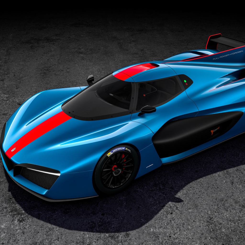 Голубой гоночный автомобиль Pininfarina H2 Speed Front 2018