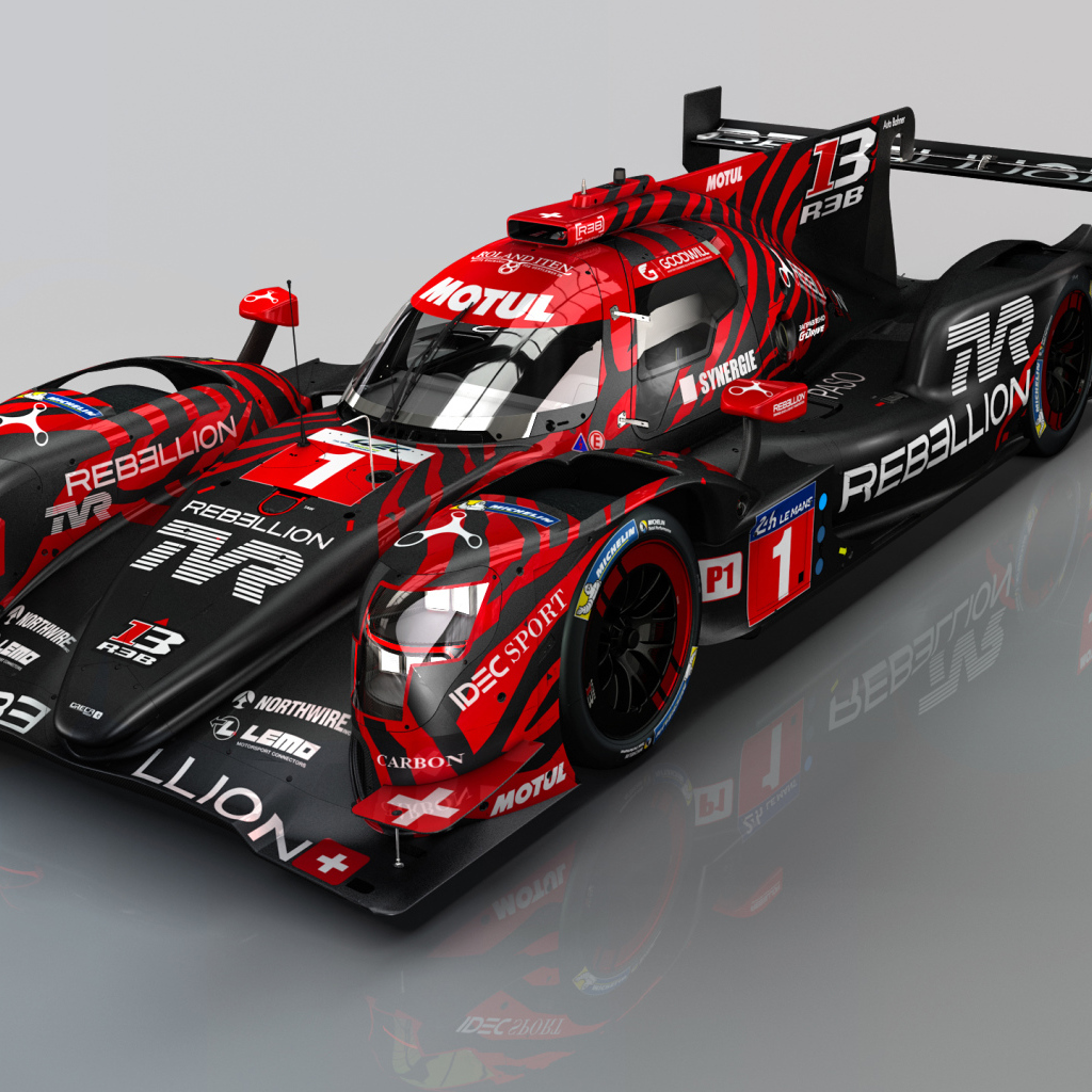 Гоночный автомобиль Rebellion R13 на сером фоне