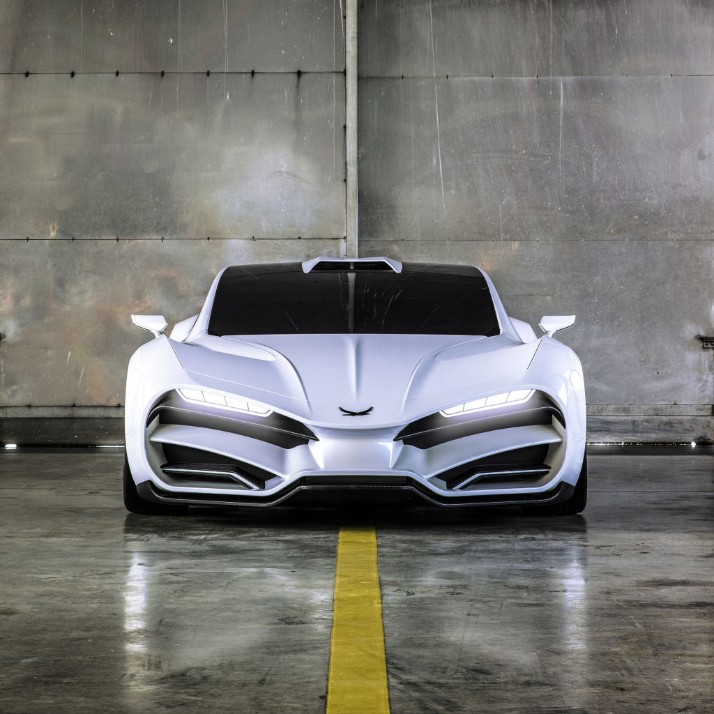 Белый автомобиль Milan Red Hypercar, 2018 вид спереди