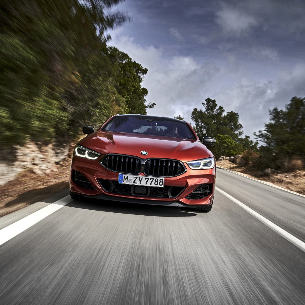 Бордовый автомобиль BMW 8 Series на трассе