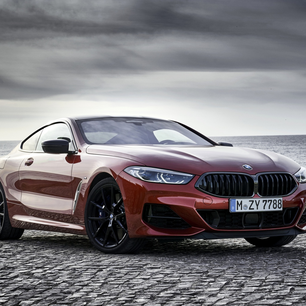 Красный автомобиль BMW 8 Series на фоне моря