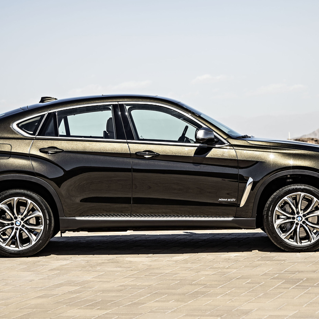 Черный автомобиль BMW X6, 2018 года вид сбоку