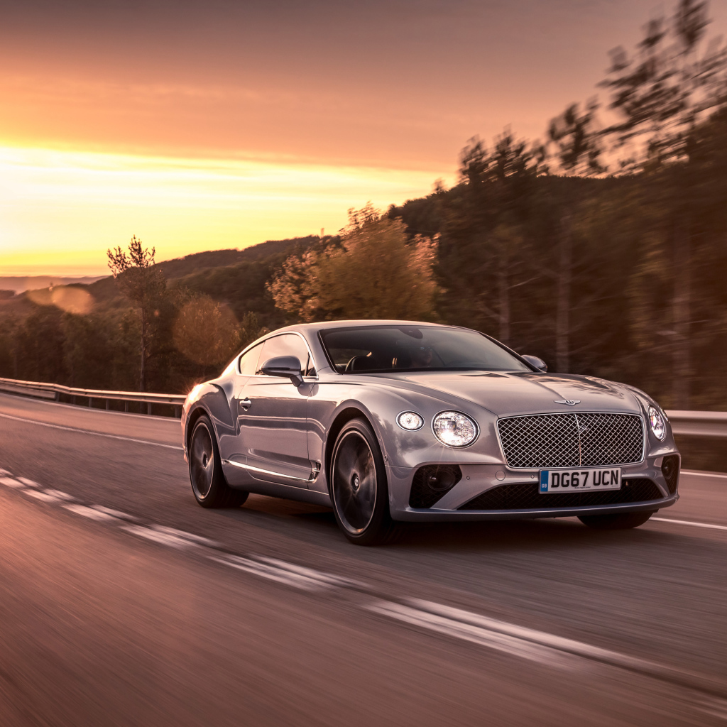 Серебристый автомобиль Bentley Continental GT 2018 года на фоне заката