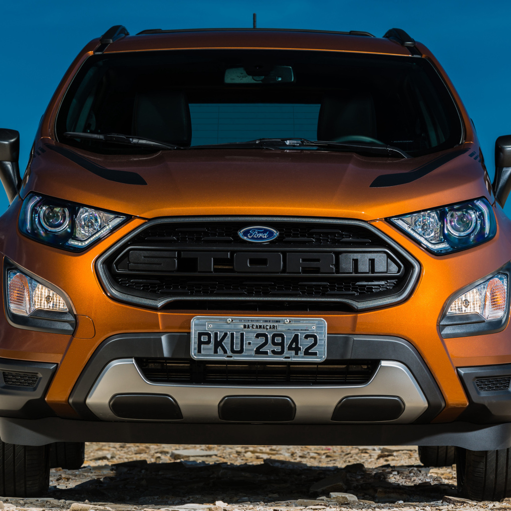 Оранжевый автомобиль Ford EcoSport, 2018 вид спереди
