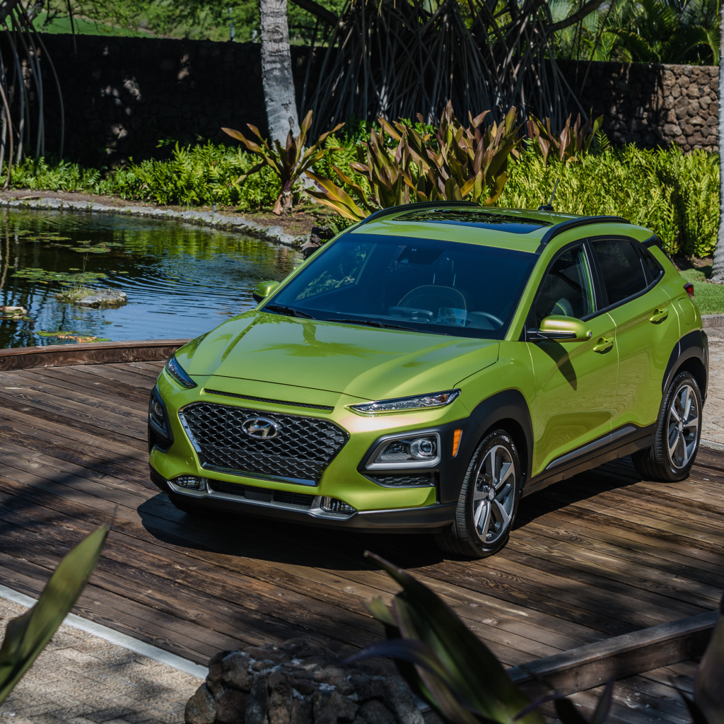 Салатовый автомобиль Hyundai Kona у воды