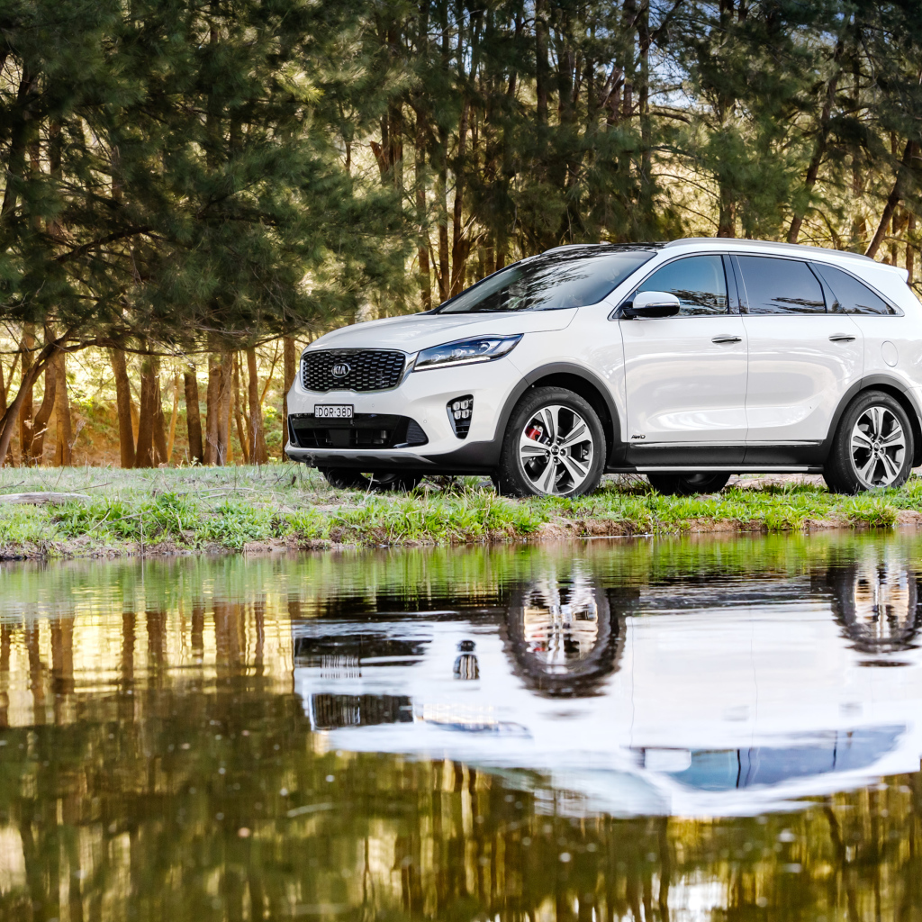 Белый внедорожник Kia Sorento у воды