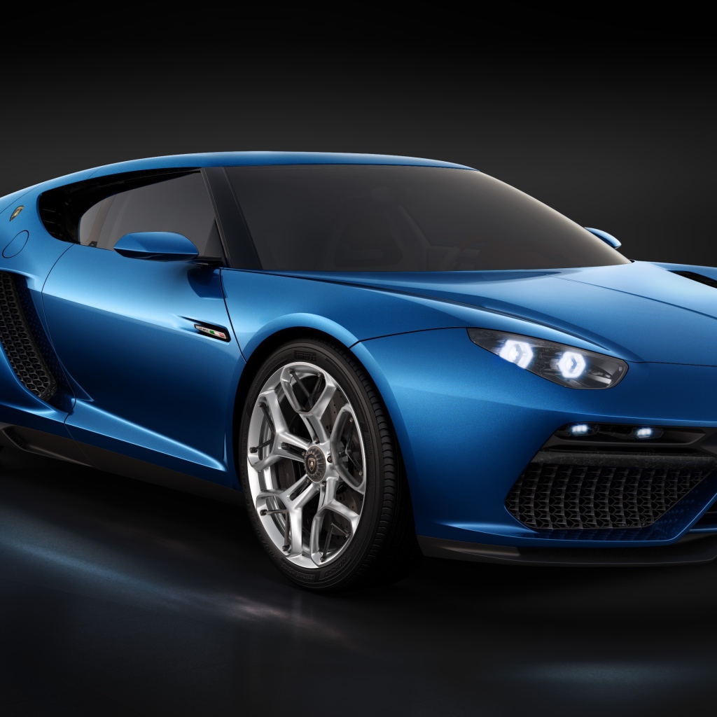 Синий автомобиль Lamborghini Asterion на черном фоне