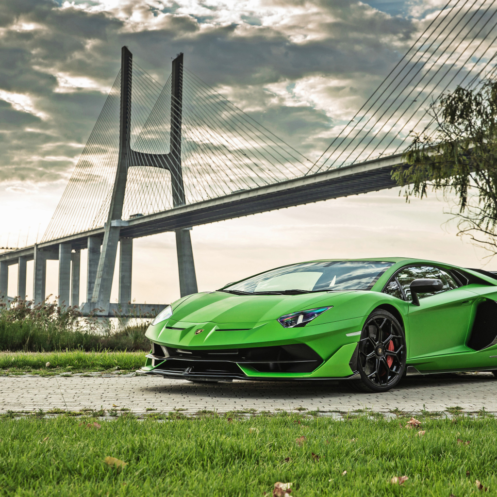 Зеленый дорогой автомобиль Lamborghini Aventador SVJ 2018 года на фоне моста