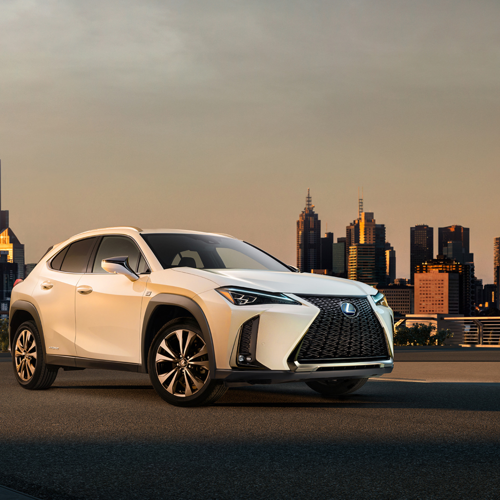 Белый внедорожник Lexus UX, 2019 на фоне города