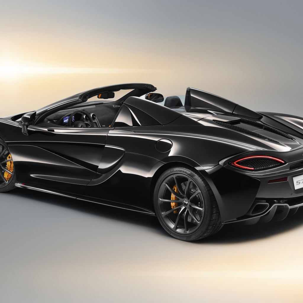 Черный спортивный автомобиль McLaren 570S Spider вид сзади