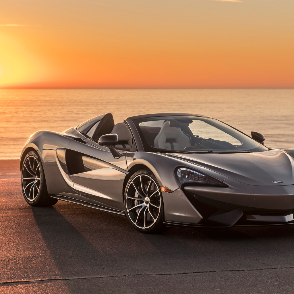 Серебристый  McLaren 570S Spider, 2018 на фоне заката