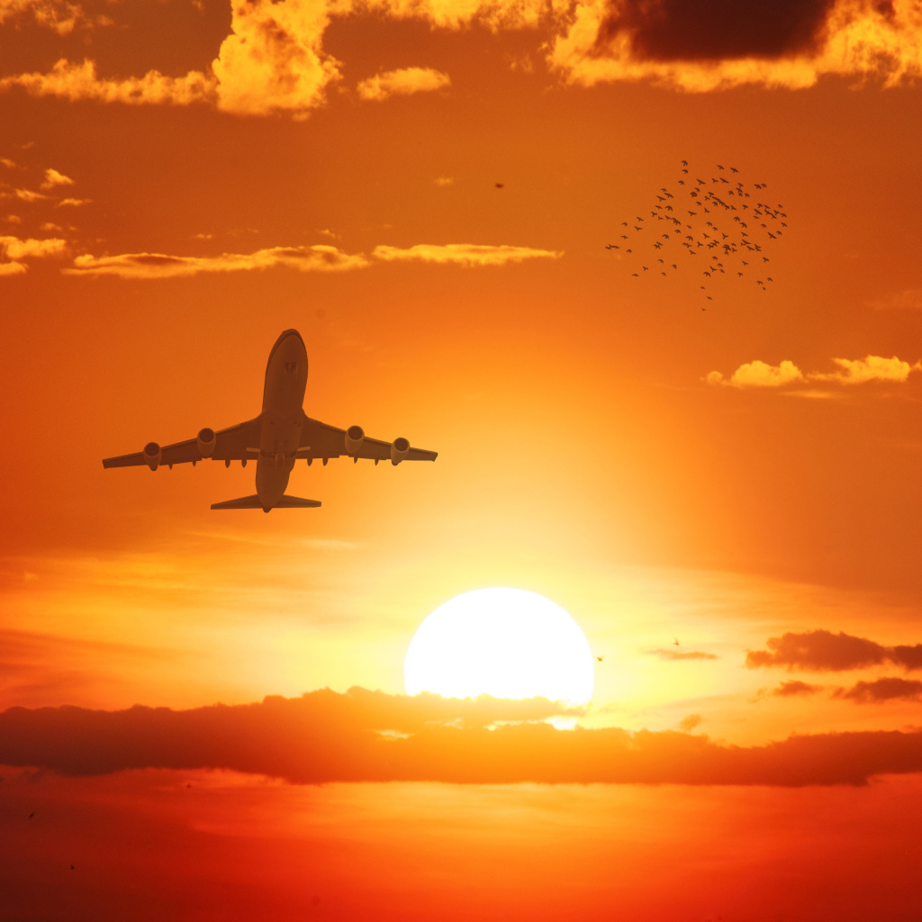 Самолет в небе на фоне солнца на закате