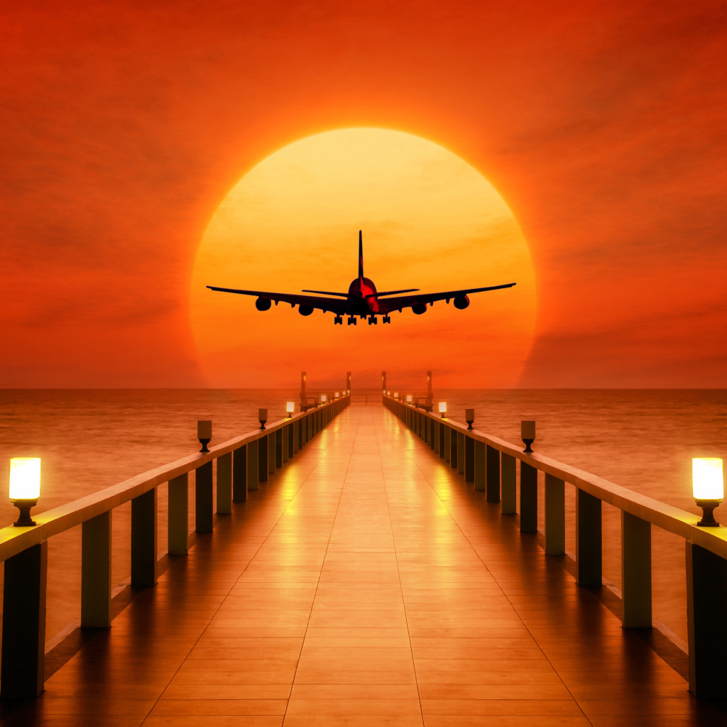 Самолет идет на посадку на закате солнца над океаном