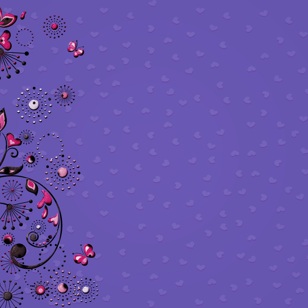 Patterns with butterflies and hearts on a violet background