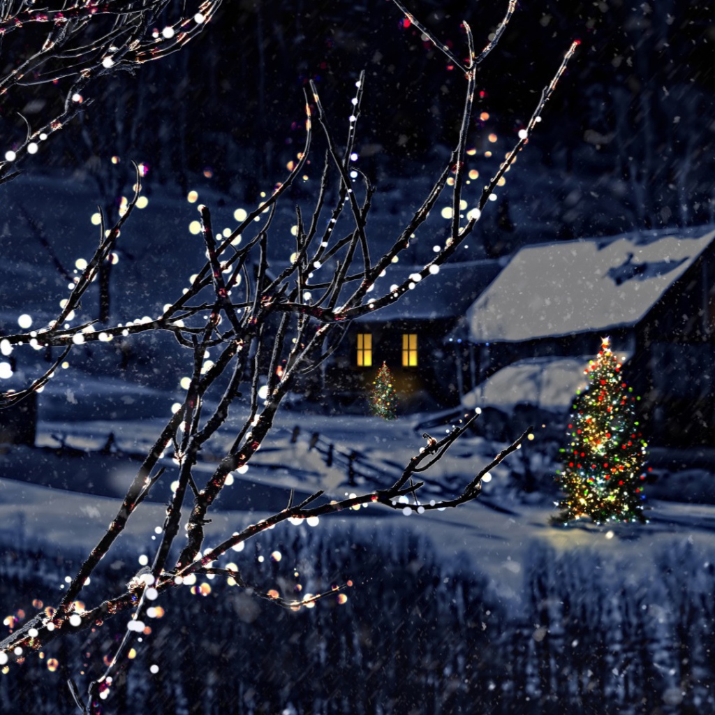 Красивые украшенные деревья на Рождество в деревне зимой