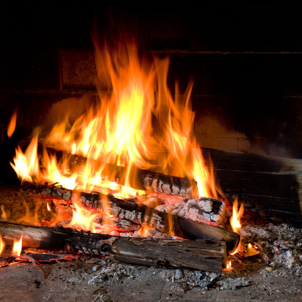 Дрова горят ярким пламенем в камине