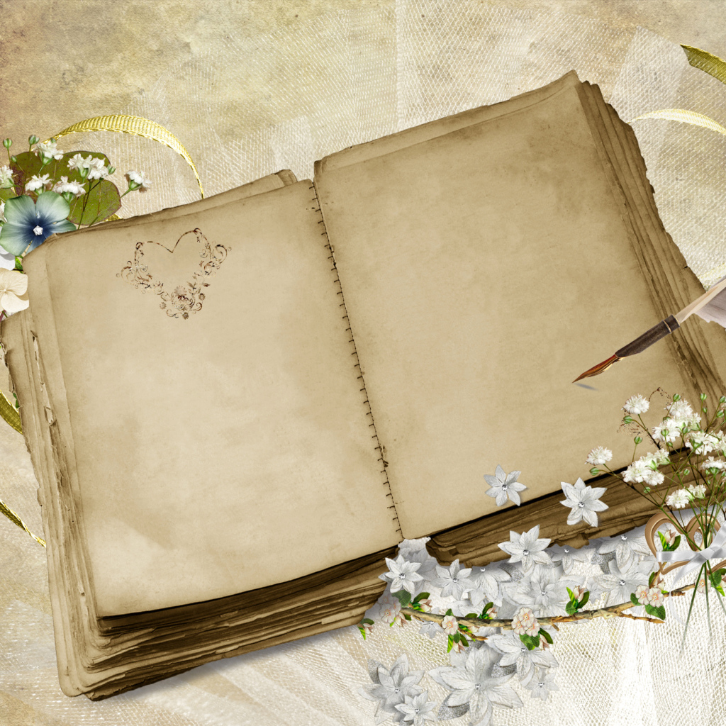 Старая книга с пером и цветами, шаблон для поздравительной открытки