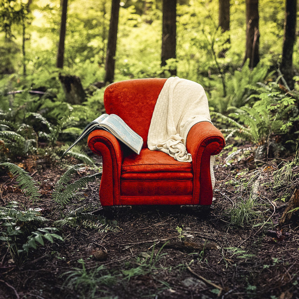 Старое красное кресло с книгой и пледом в лесу 