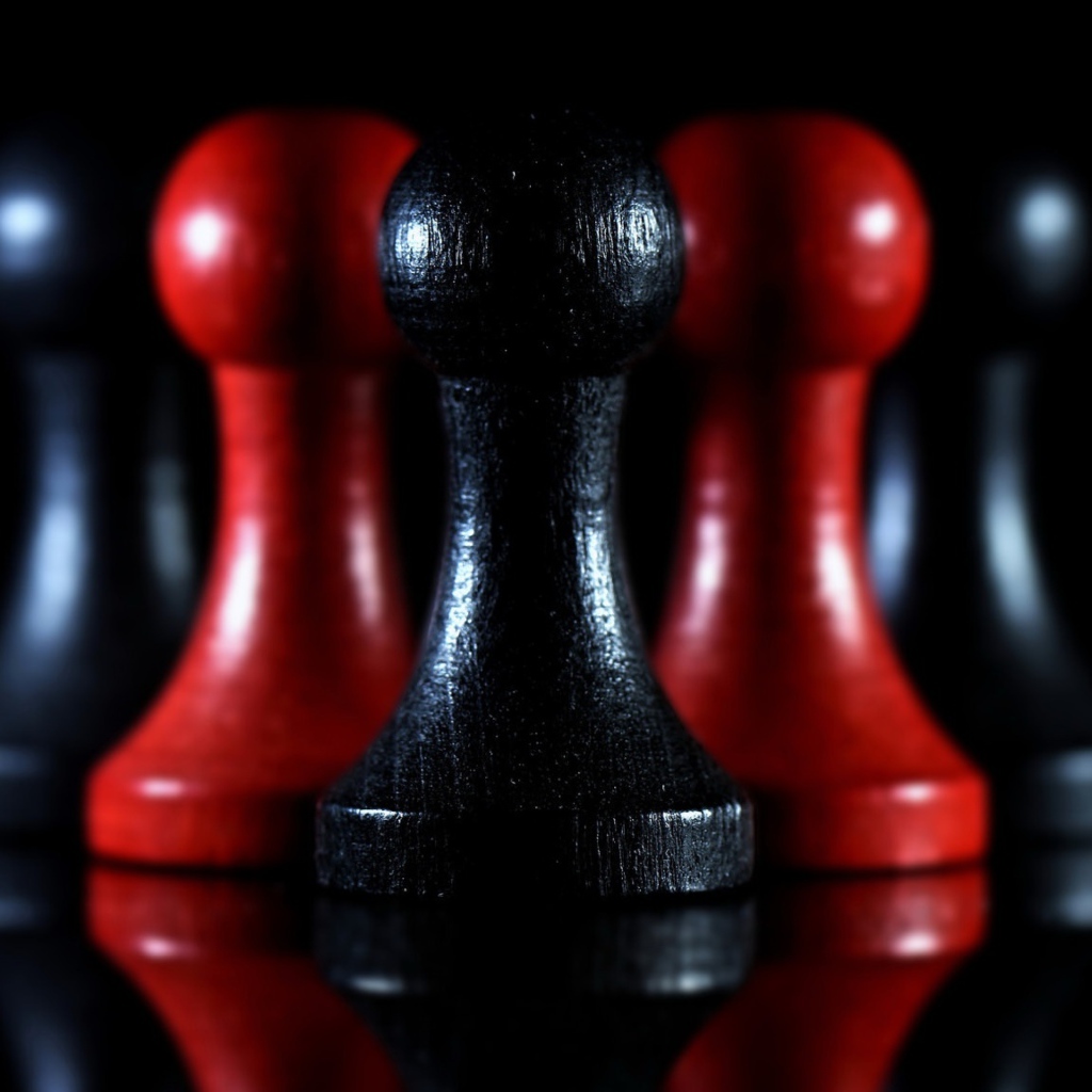 Красные и черные шахматные фигуры на черном фоне