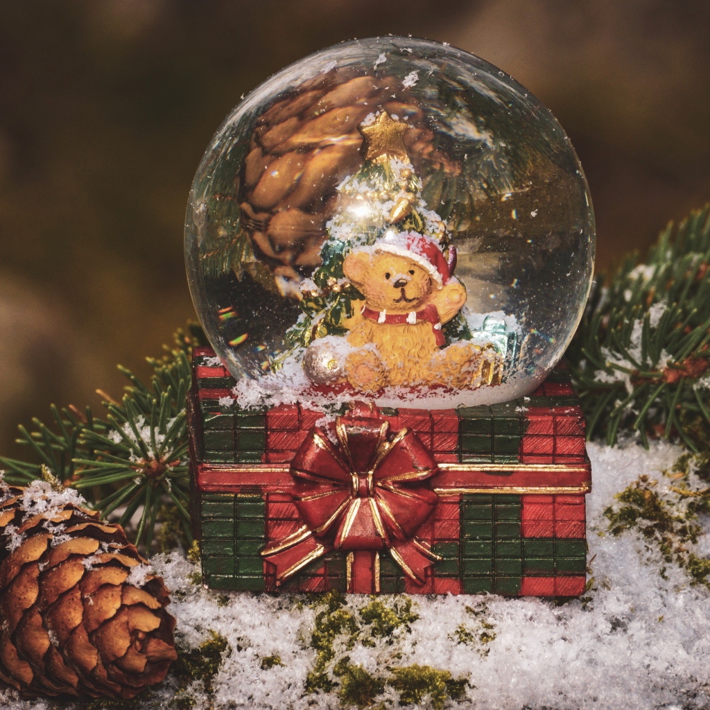 Снежный шар с медвежонком на столе с большой шишкой и еловой веткой 