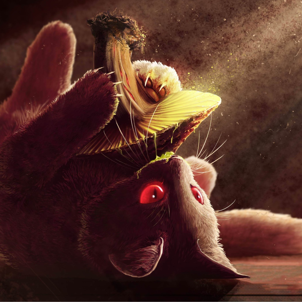 Нарисованный котенок с грибом 