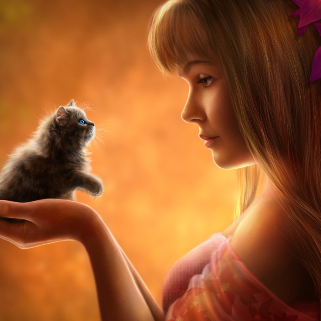 Девушка с цветами в волосах и с маленьким котенком в руках, фэнтези