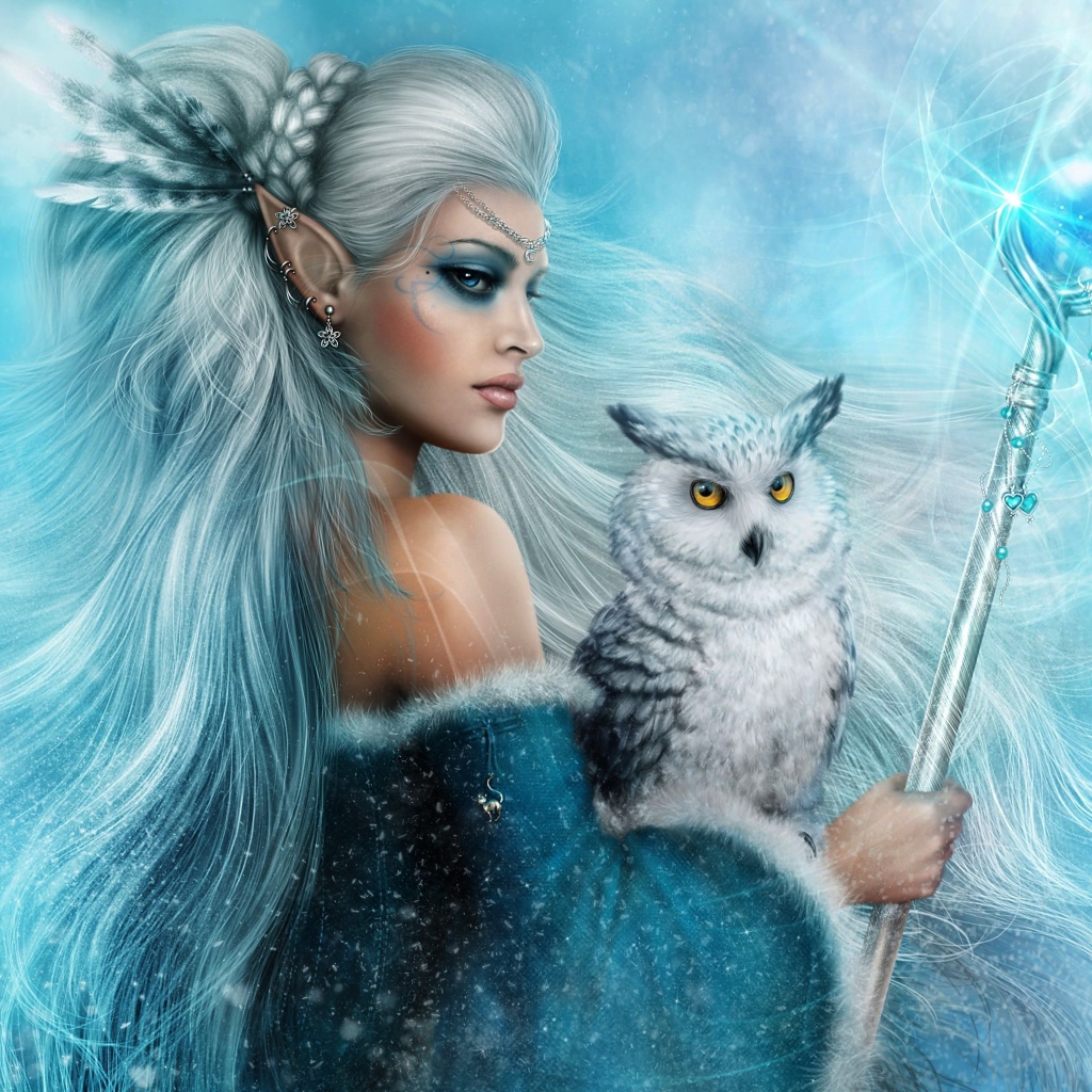 Женщина-эльф с белой совой и скипетром в руках, фэнтези