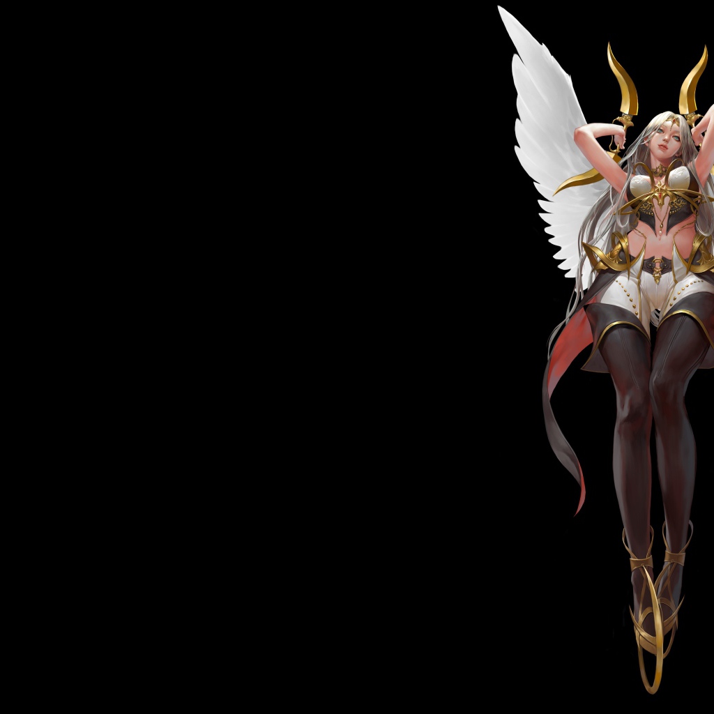 Девушка Ангельский Воин на черном фоне фэнтези