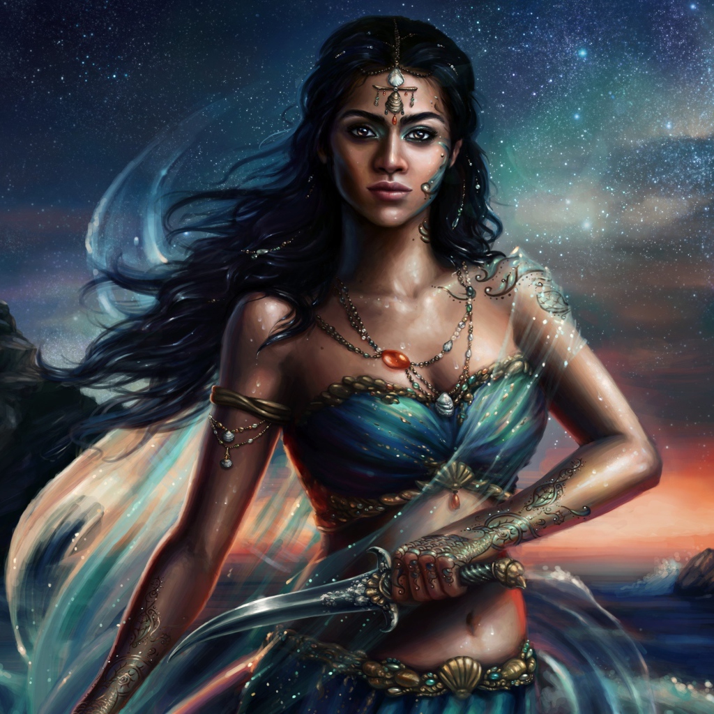 Красивая девушка воин с кинжалом в руках, фэнтези