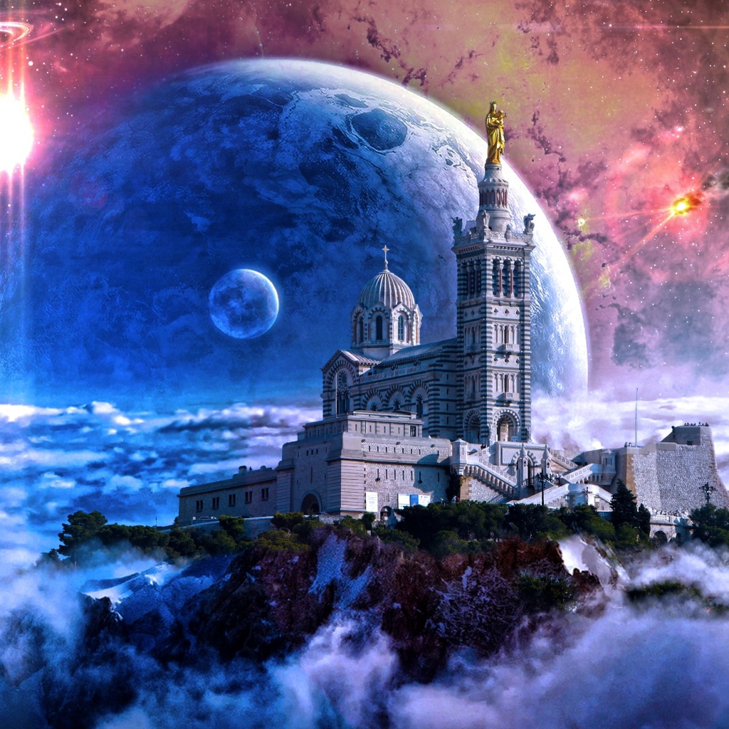 Замок на фоне космических планет, фэнтези