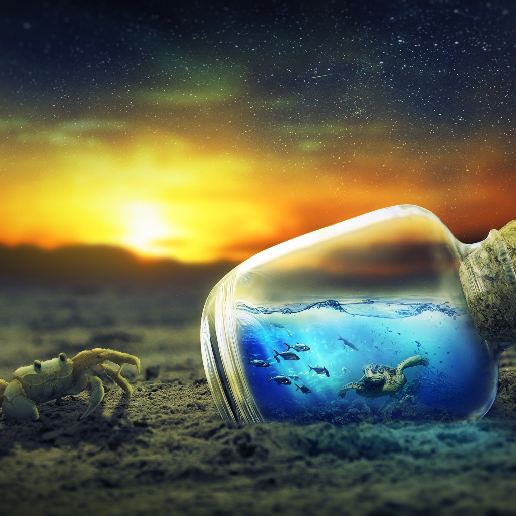 Краб рядом с бутылкой с маленькими черепахами, фэнтези