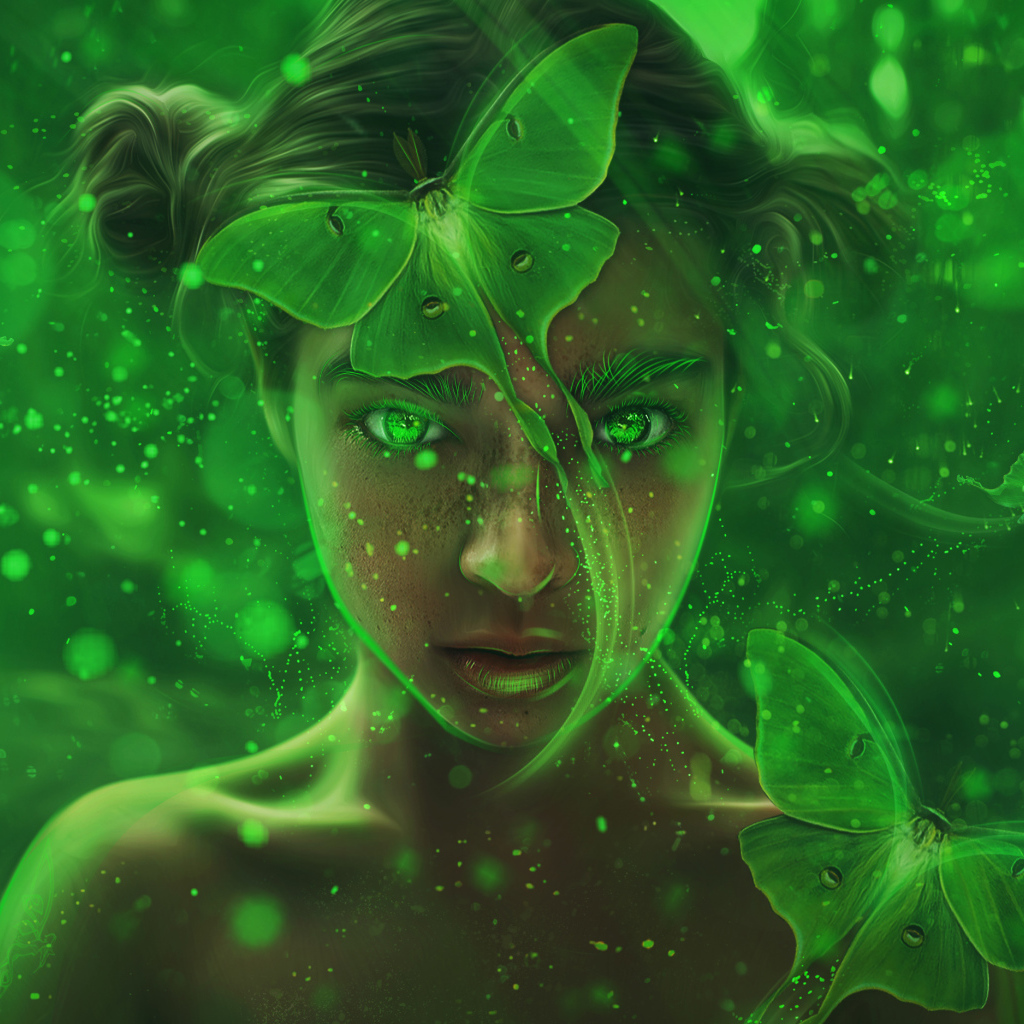 Фантастическая девочка с зелеными бабочками