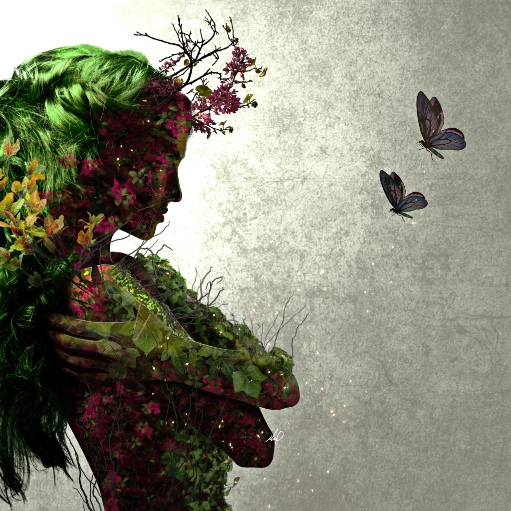Фантастическая девушка с растениями и бабочками