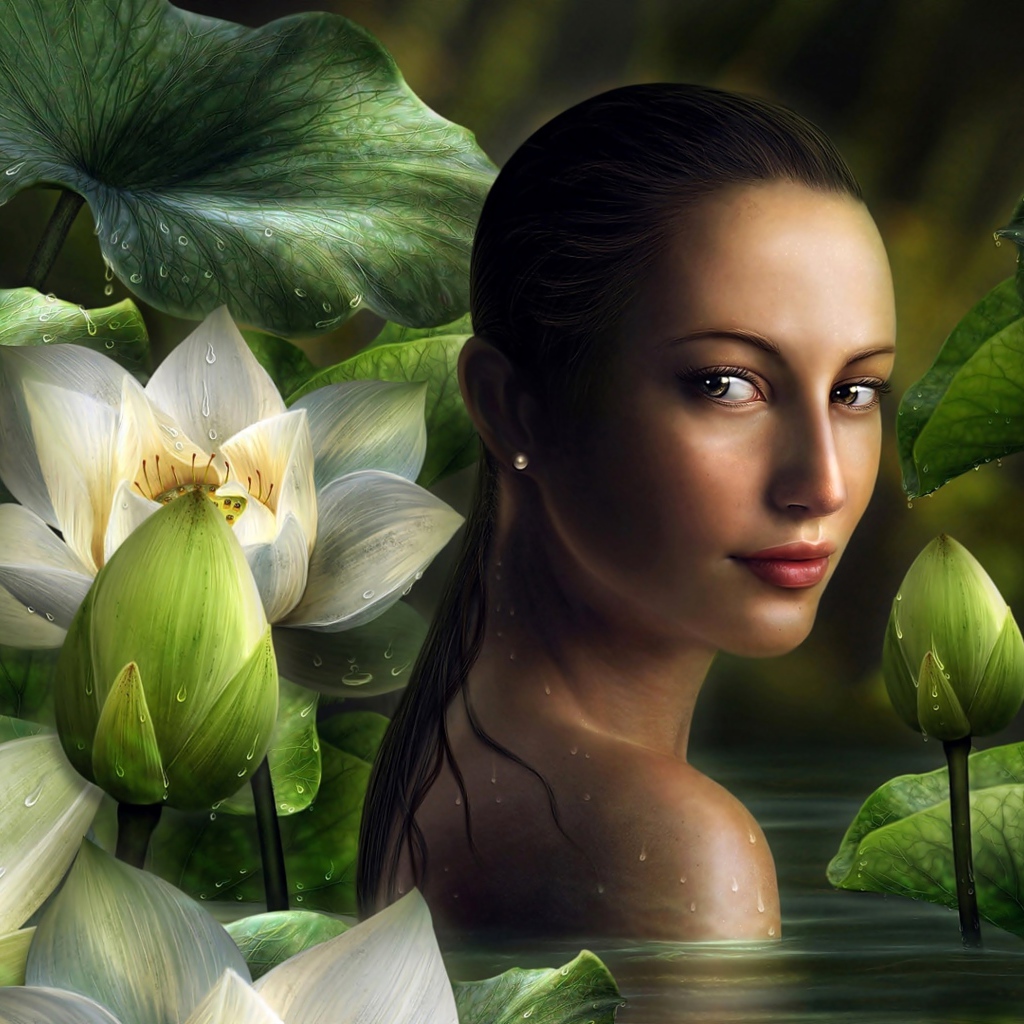 Девушка фэнтези на фоне белых цветов лотоса