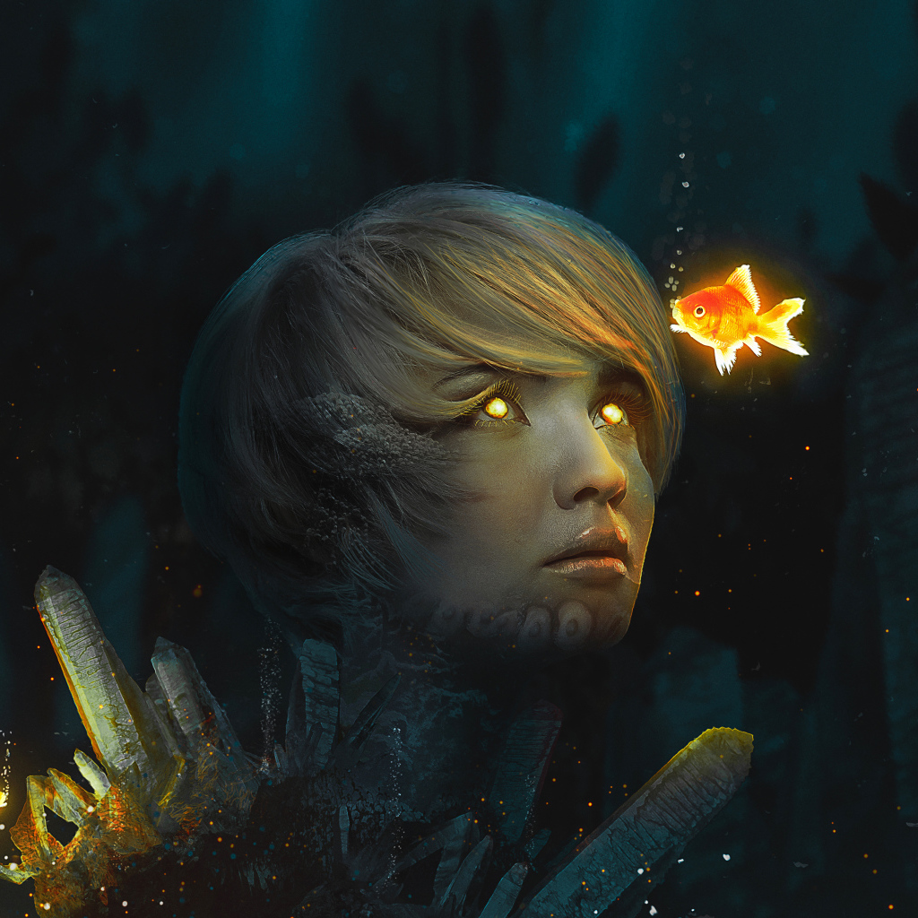 Девушка со светящимися глазами на дне с золотыми рыбками