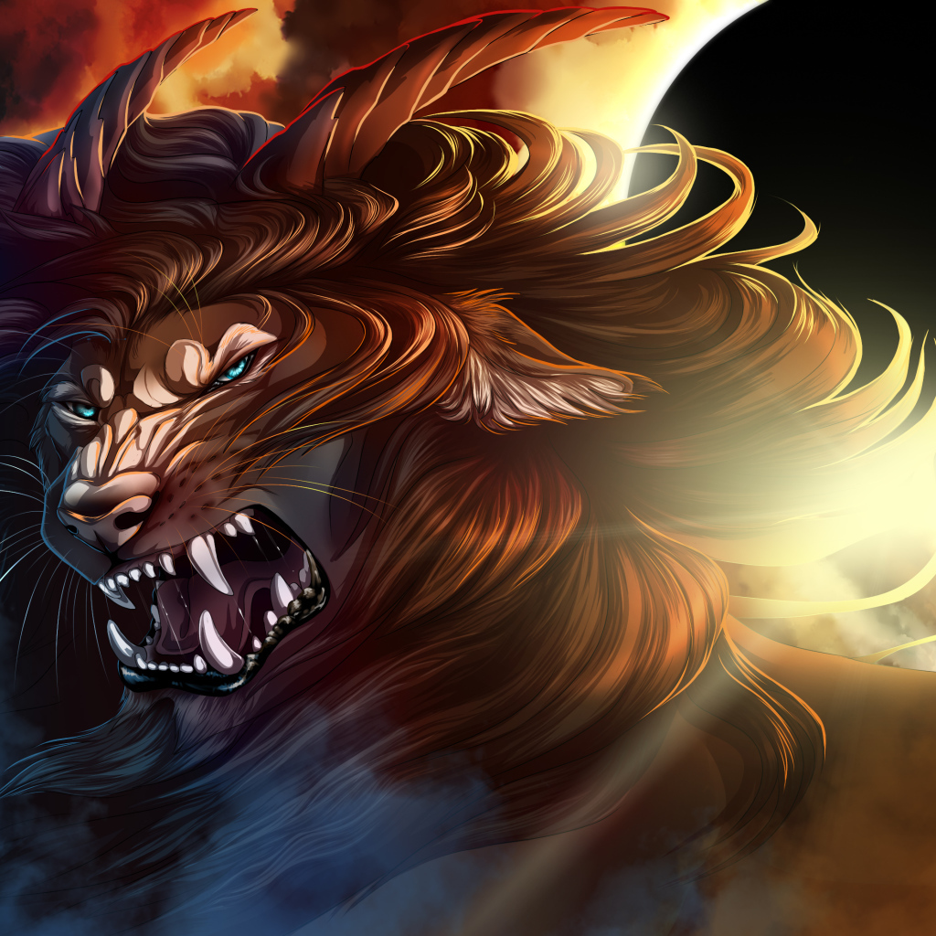 Грозный лев с рогами на фоне черной луны, фэнтези