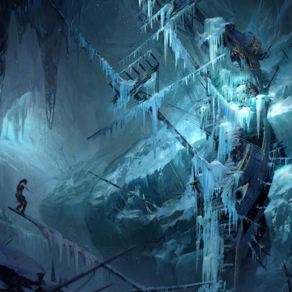 Девушка стоит на затонувшем покрытом льдом корабле, фэнтези