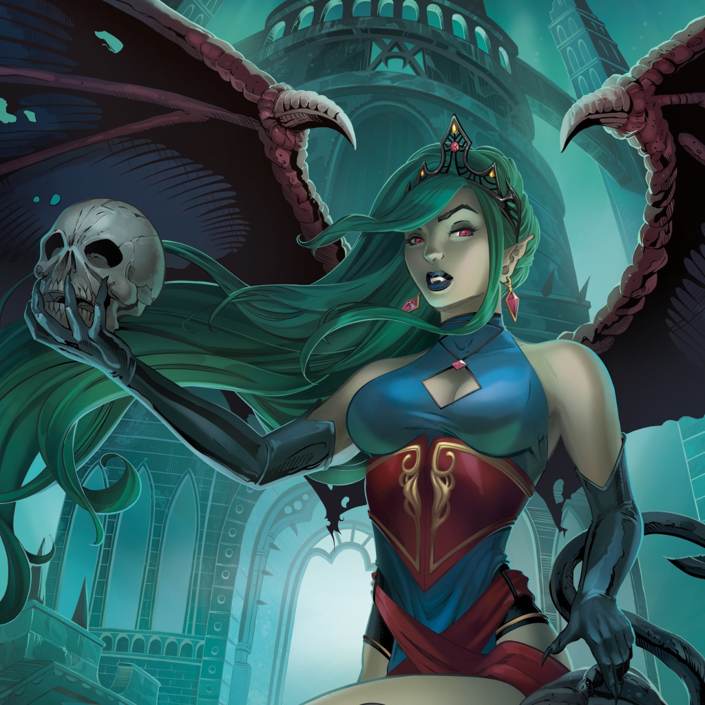 Девушка вампир с черепом в руке, фэнтези