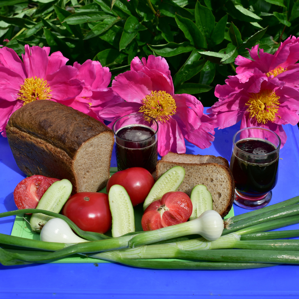 Черный хлеб, овощи и вино на фоне розовых пионов 