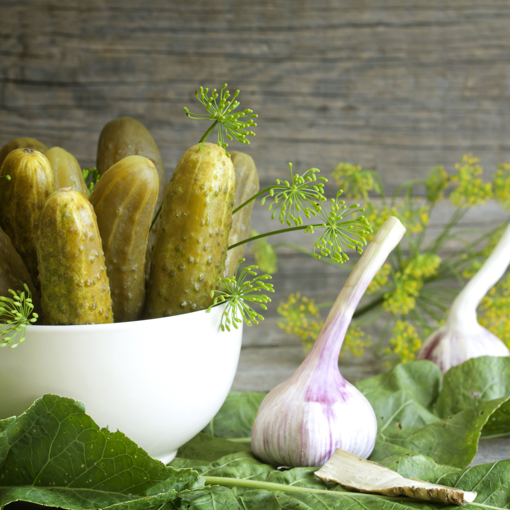 Соленые огурцы на столе с чесноком и укропом