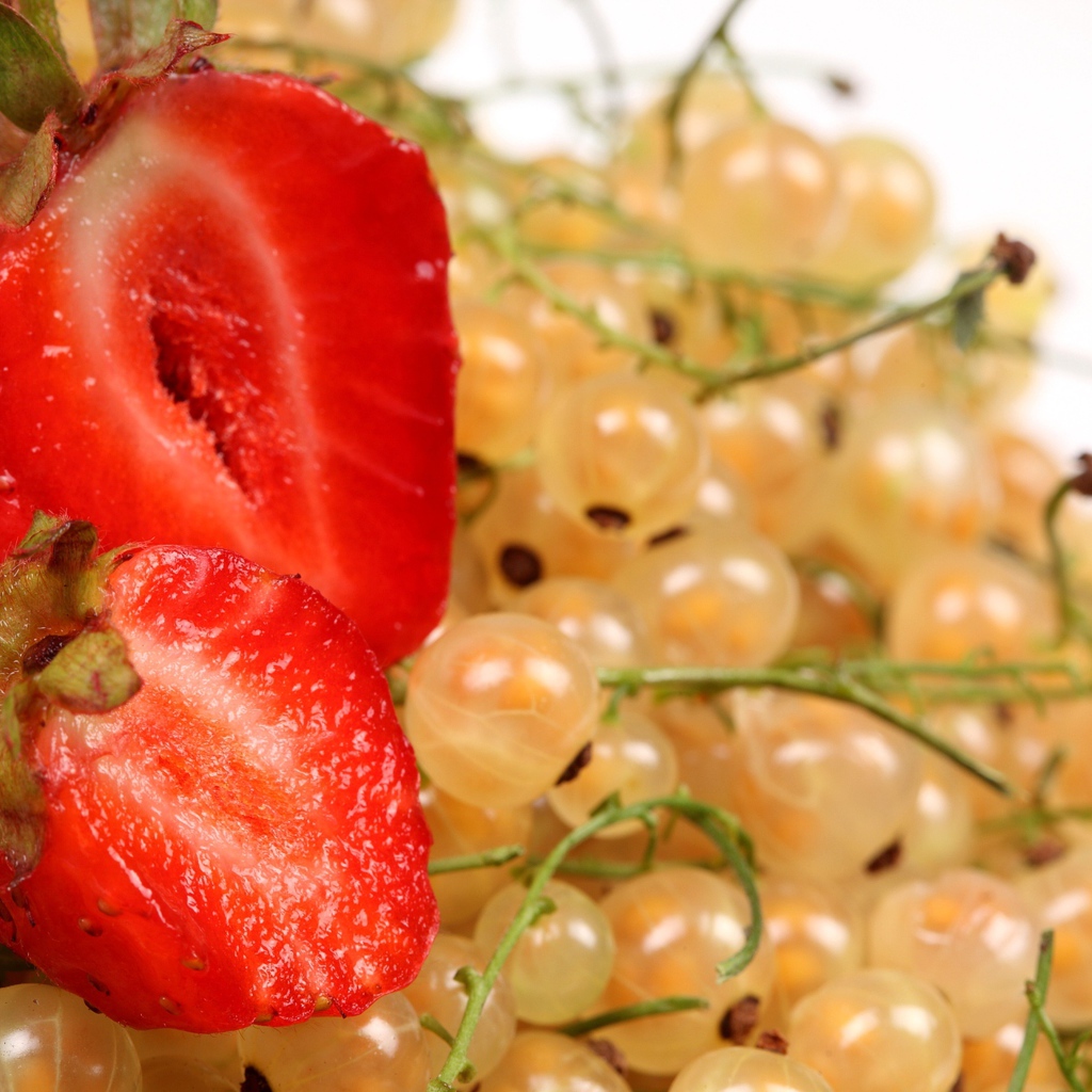 Свежая красная клубника с ягодами белой смородины