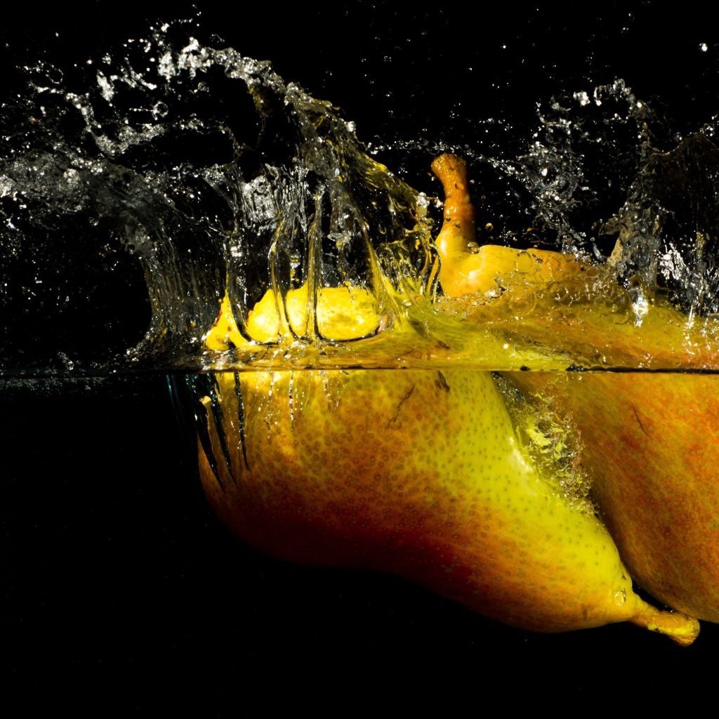 Груши в воде с брызгами на черном фоне