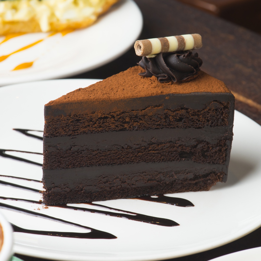 Кусок аппетитного шоколадного торта на белой тарелке