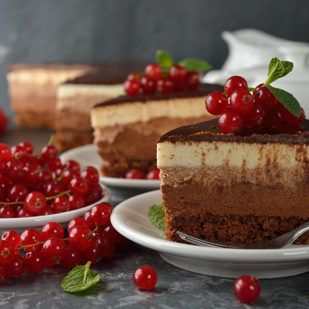 Аппетитные куски торта с ягодами красной смородины