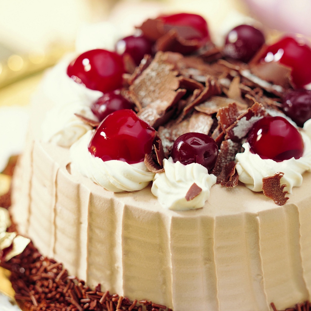 Красивый праздничный торт с кремом, шоколадом и вишнями 