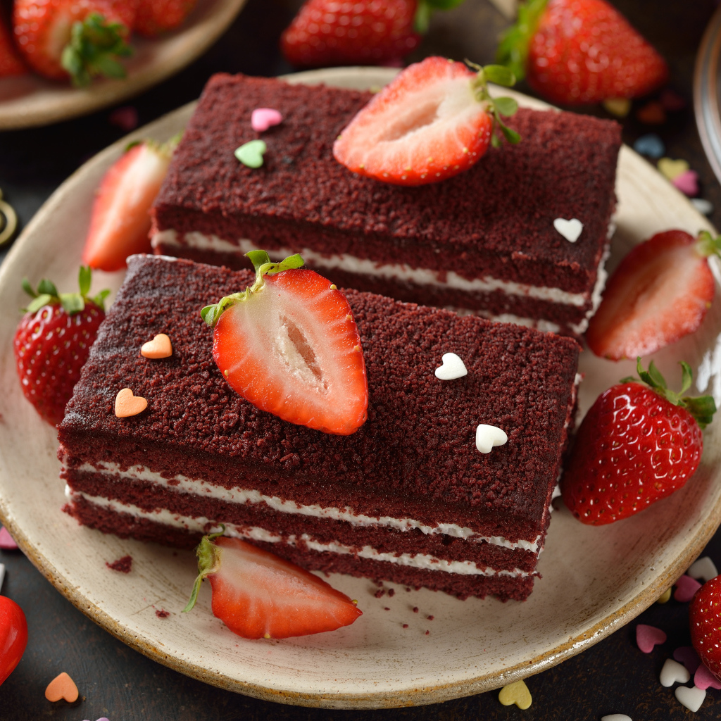 Пирожное с ягодами клубники на столе 