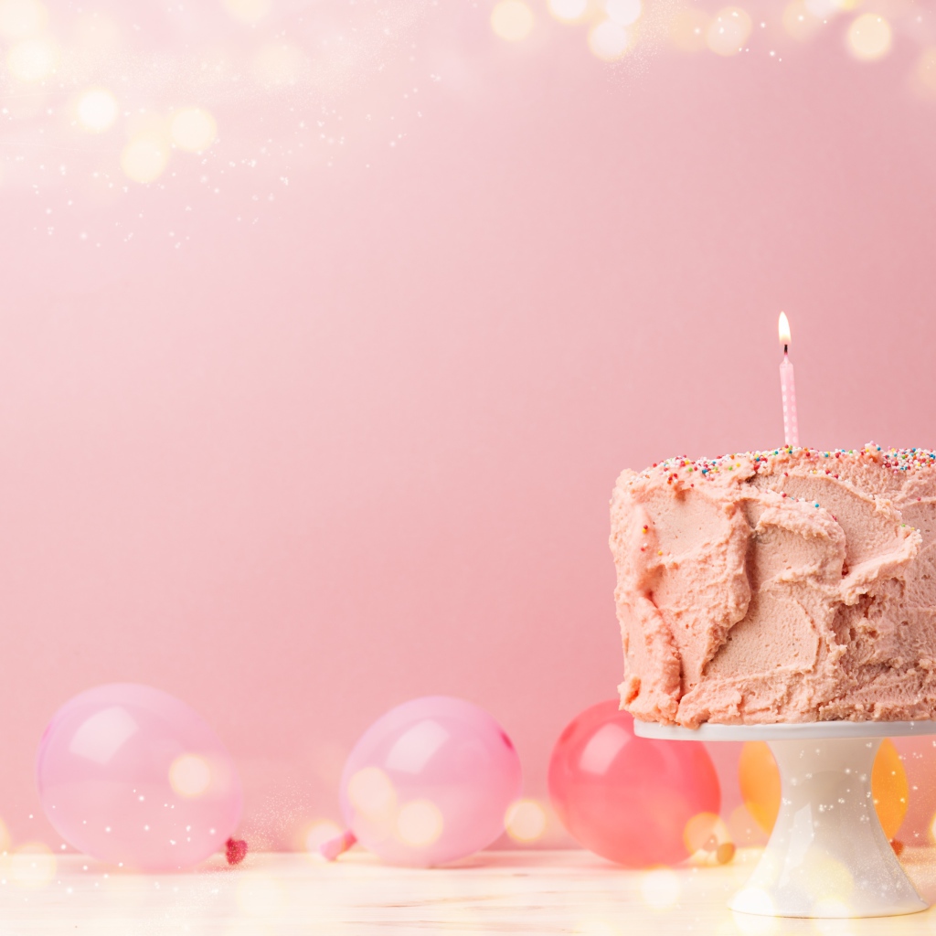 Праздничный торт с воздушными шарами на розовом фоне