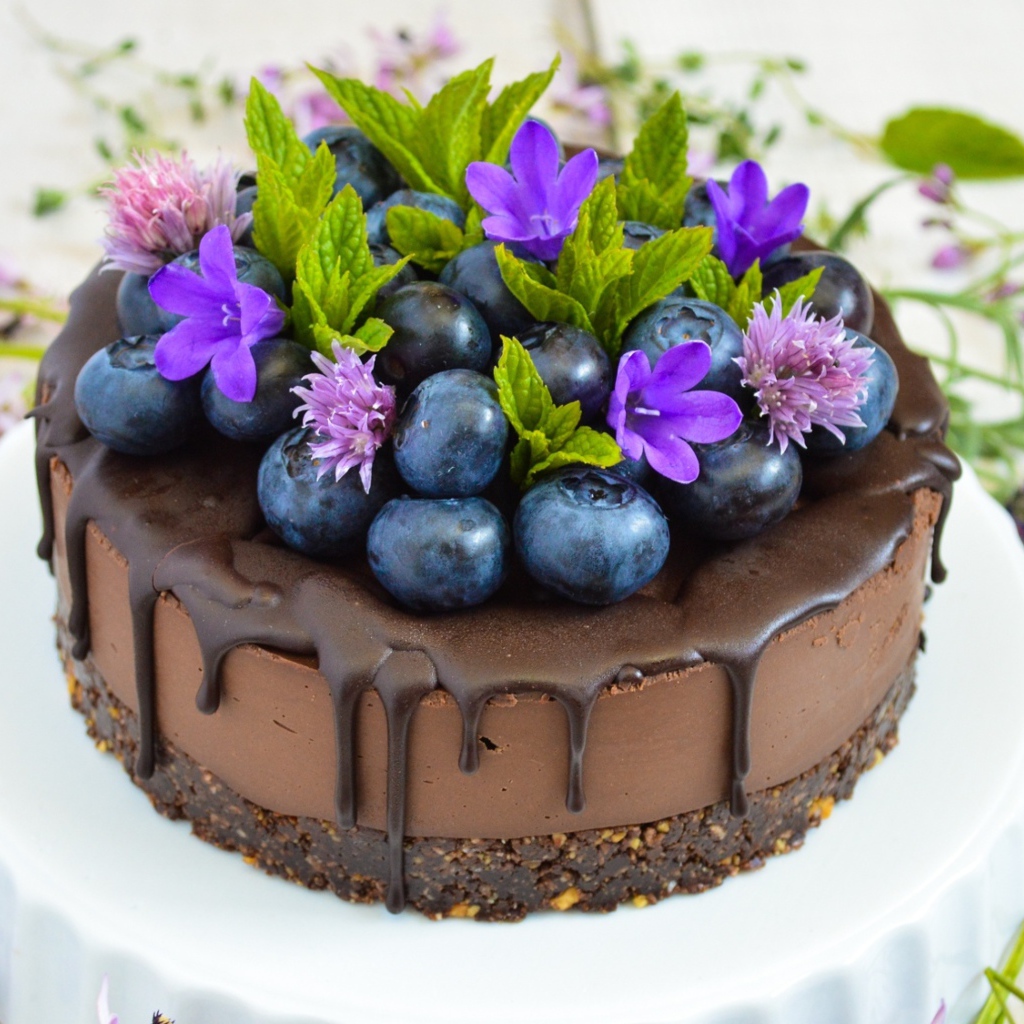 Шоколадный торт с ягодами черники и цветами 