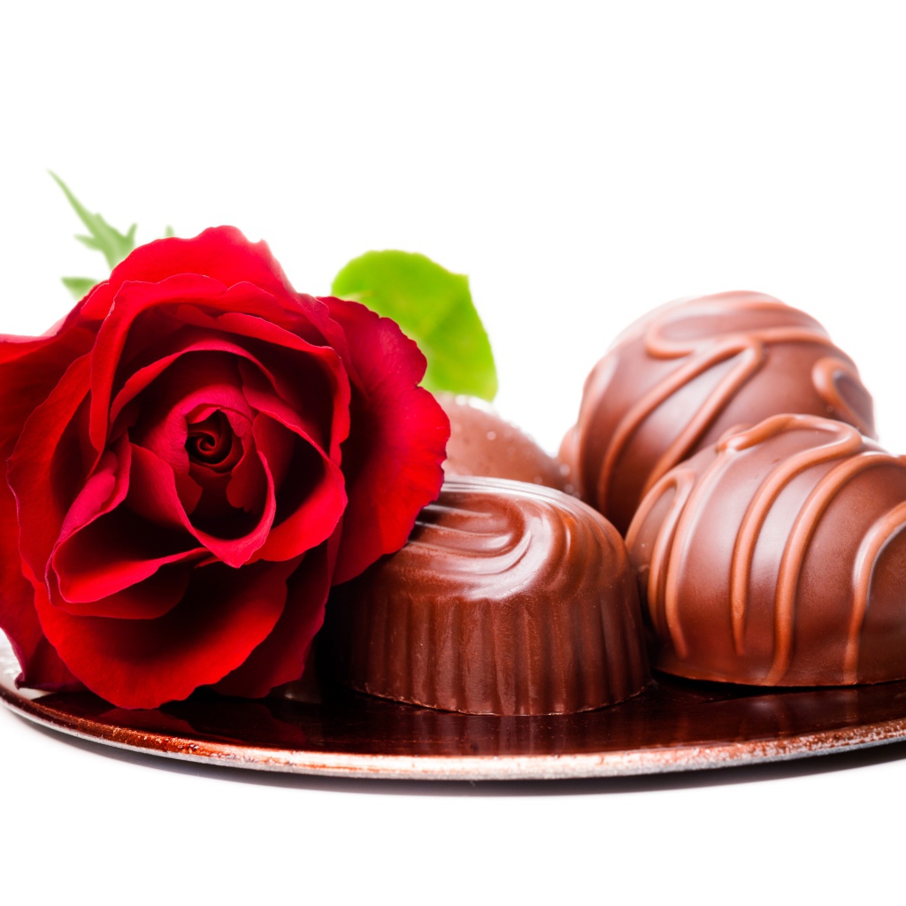 Шоколадные конфеты на тарелке с красной розой на белом фоне