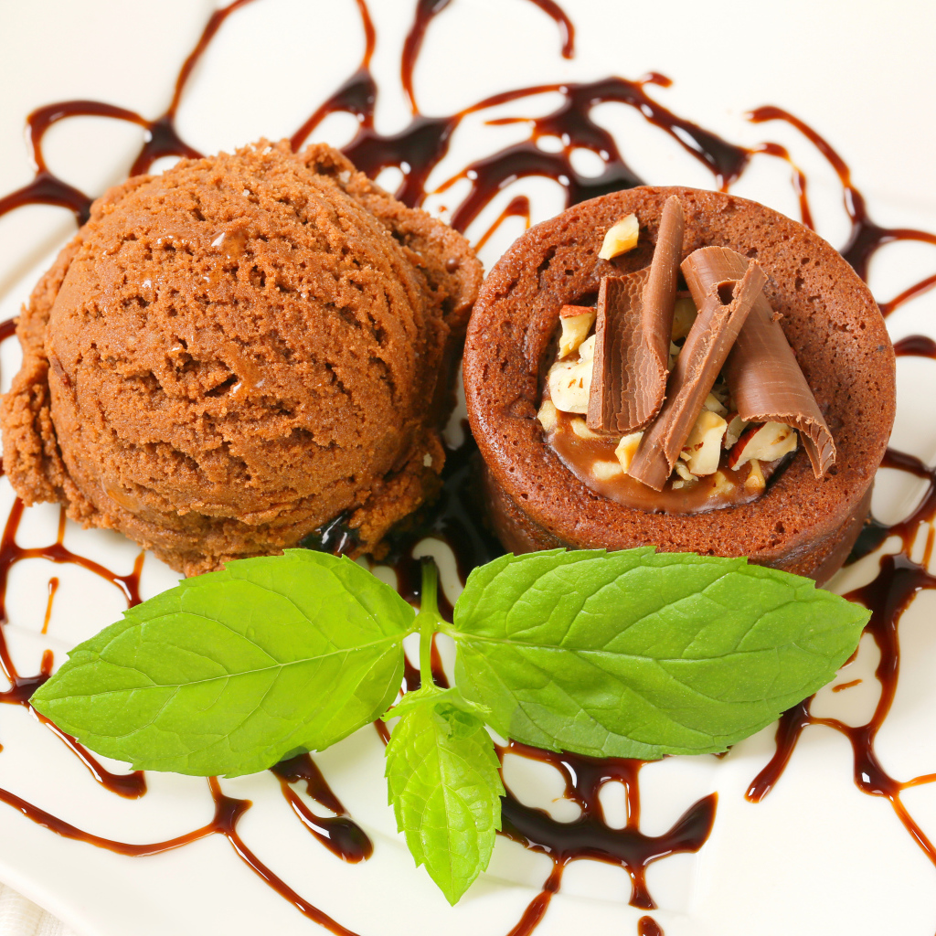 Шоколадное мороженое с кексом на тарелке